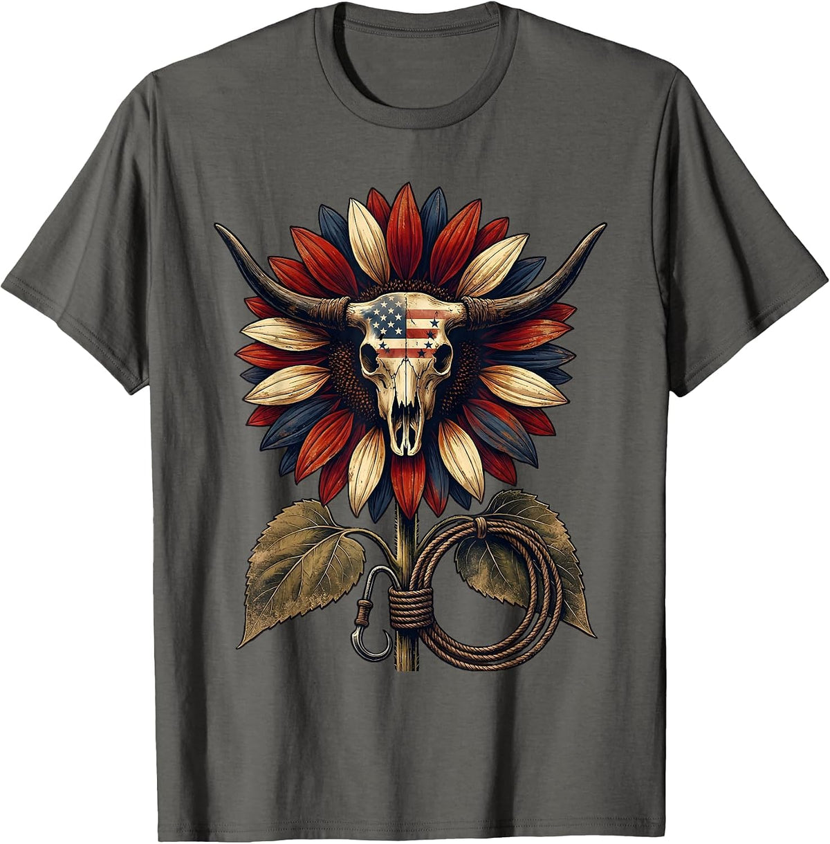Red White and Blue Sunflower Patriotic Design T-Shirt - Asphalt Grey