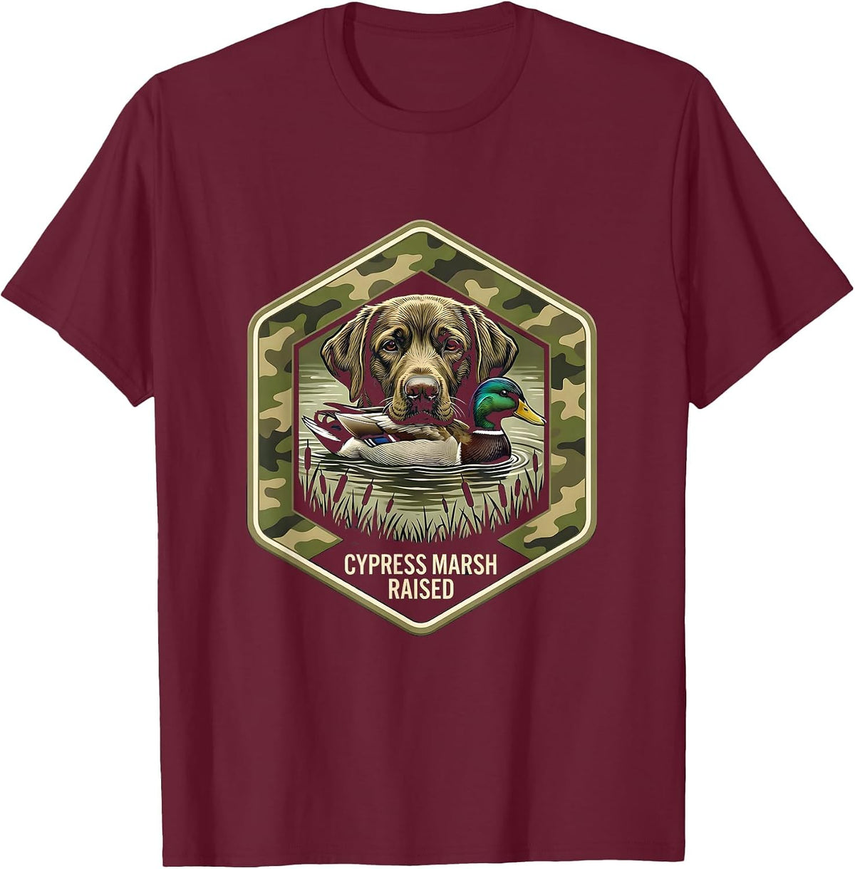 Men's Cypress Marsh Raised Hexagonal Badge Labrador Duck Hunting T-Shirt - Burgundy