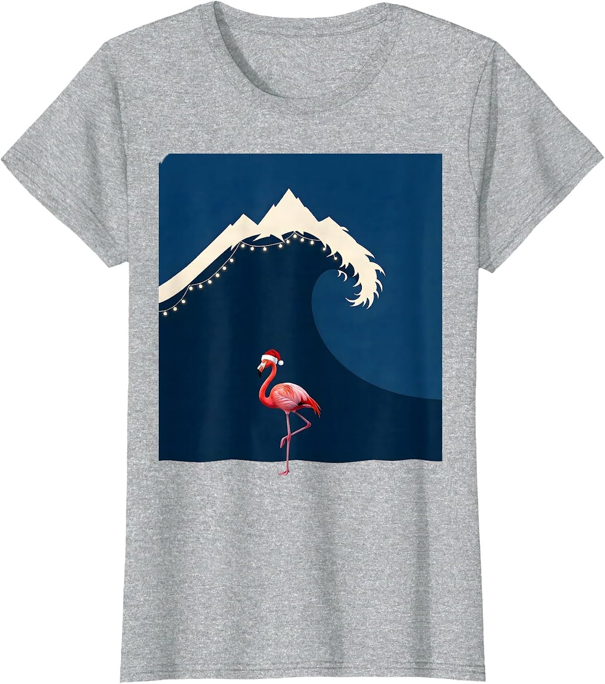 Women's Rolling Wave Mountain Pink Flamingo Santa Hat Holiday Humor T-Shirt - Heather Grey