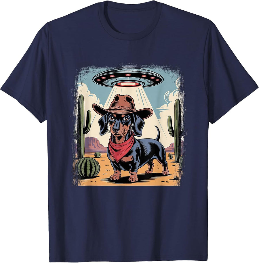 Alien Cowboy Dachshund Funny Wiener Dog UFO T-Shirt - Navy Blue