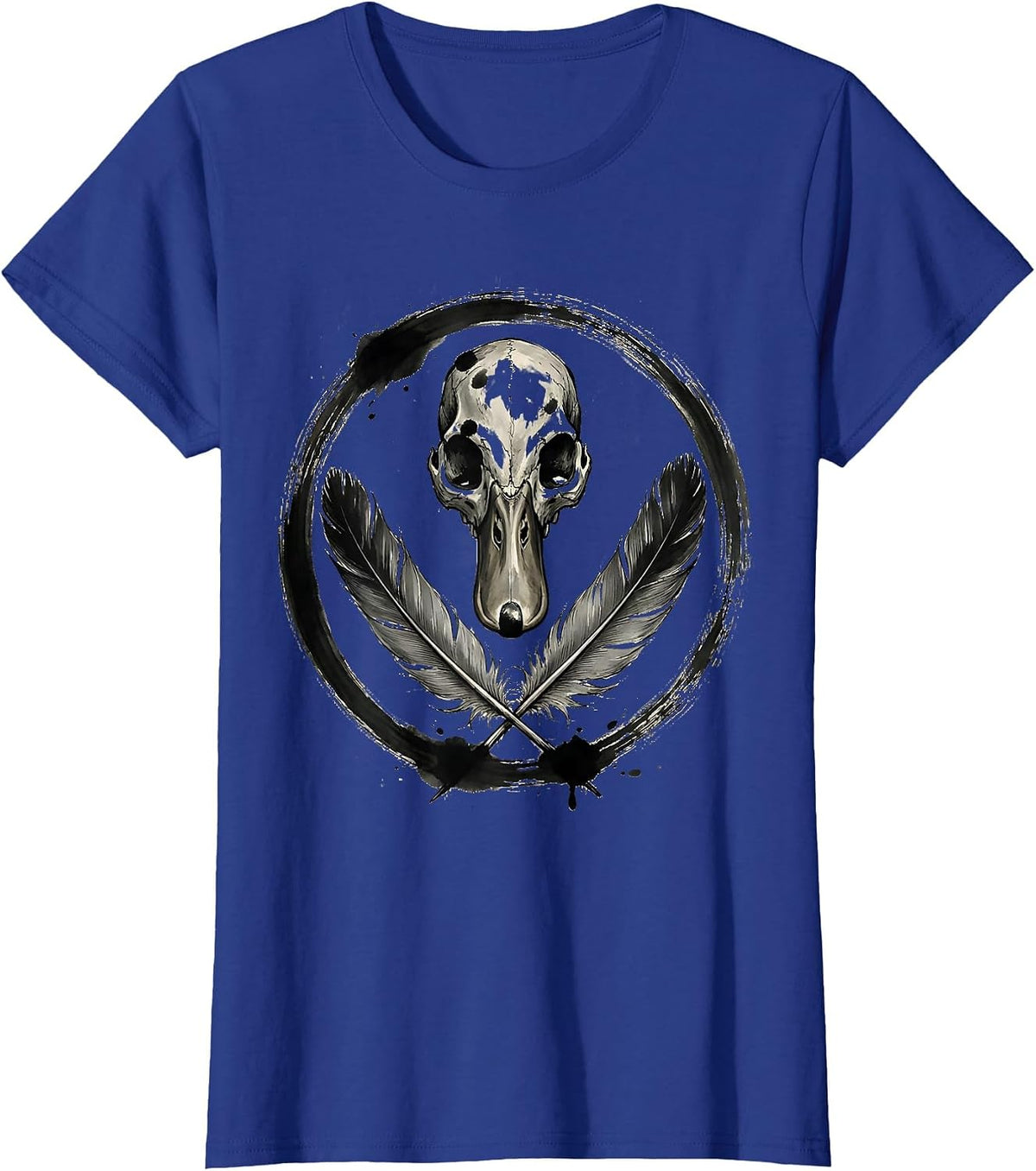 Women's Duck Skull Crossed Feathers Gothic Nature Design T-Shirt - Royal Blue