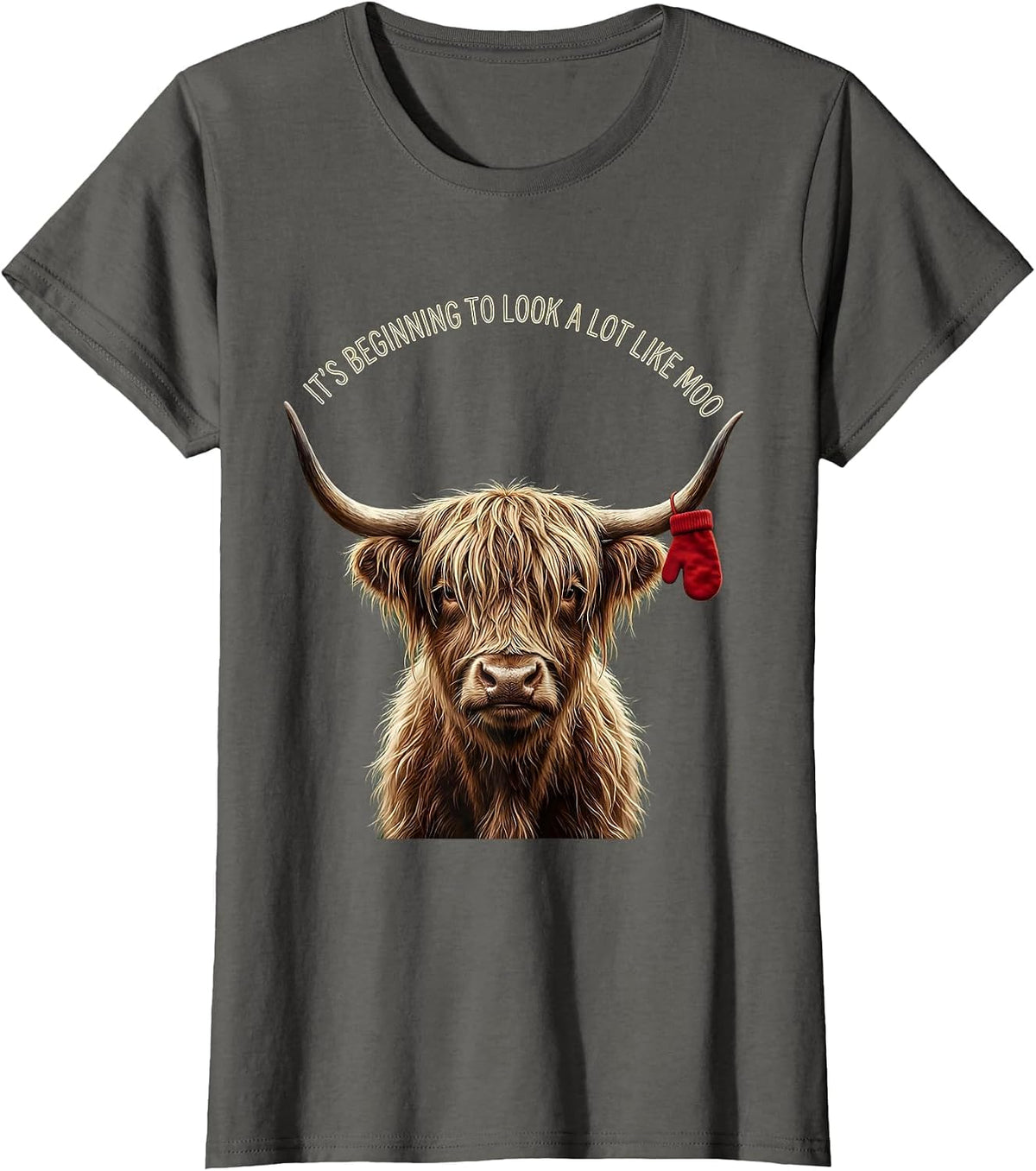 Women's It's Beginning To Look A Lot Like Moo Funny Highland Cow T-Shirt - Asphalt Grey