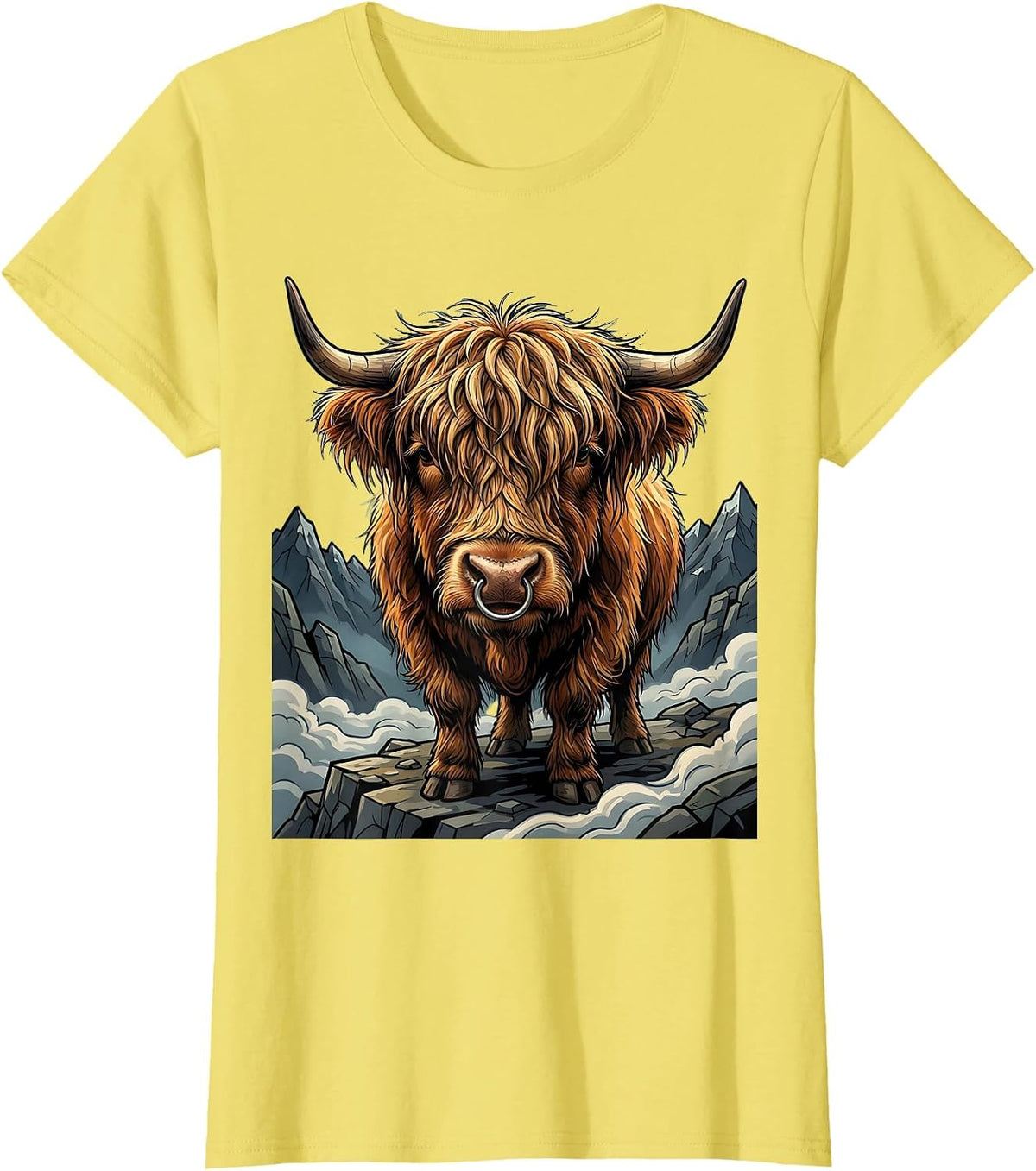 Highland Cow Misty Mountain Illustration T-Shirt - Lemon Yellow