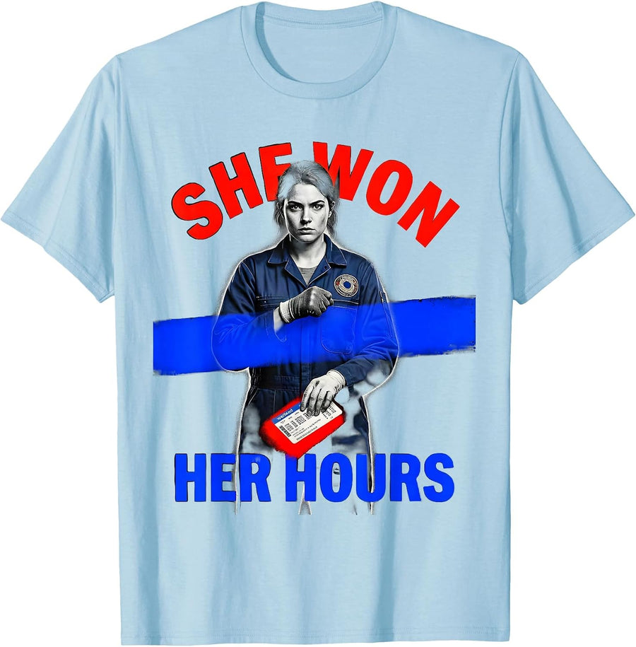 Men's She Won Her Hours Union Strong Labor Day Worker Pride T-Shirt - Baby Blue
