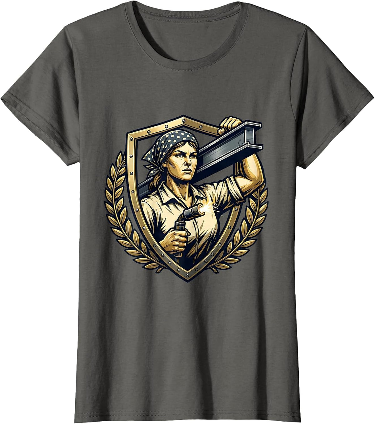 Women's Rosie the Riveter Welding Steel Beam Graphic T-Shirt - Asphalt Grey