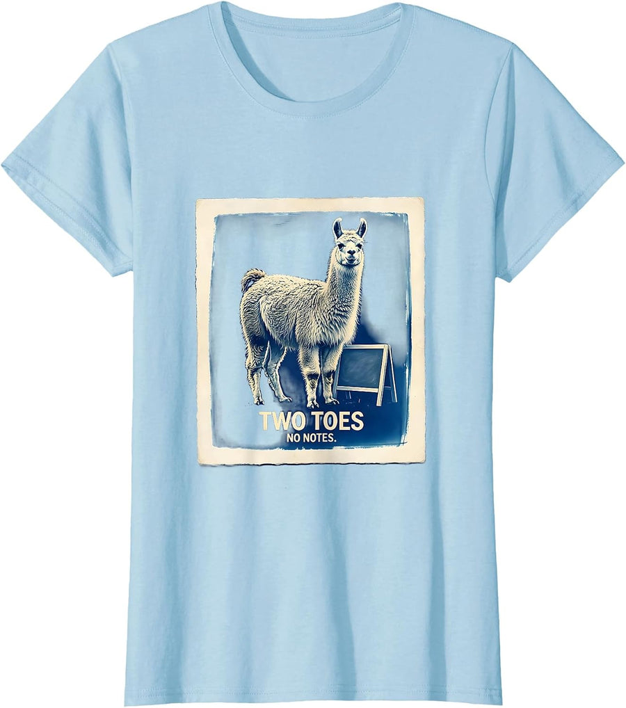 Women's Two Toes, No Notes Funny Llama Alpaca Pun Humor T-Shirt - Baby Blue