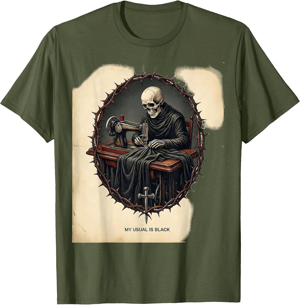 Men's My Usual Is Black Vintage Gothic Grunge Alt Skull Aesthetic T-Shirt - Olive Green