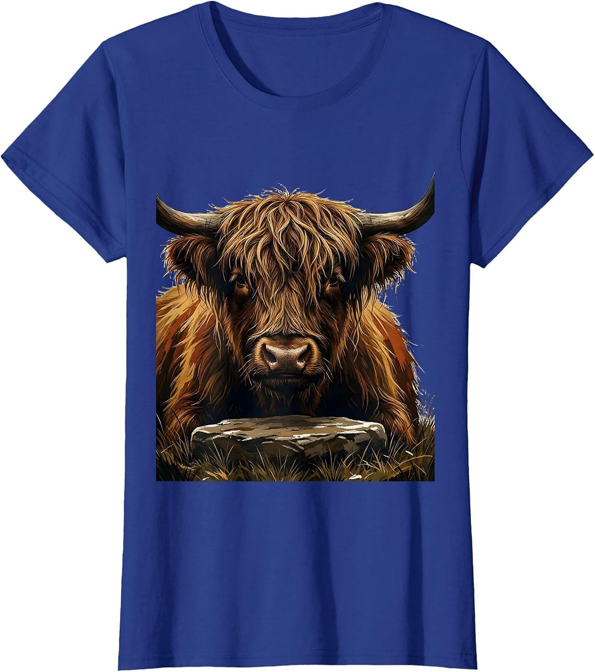 Women's Highland Cow Head Gouache Poster Animal Lover Humor T-Shirt - Royal Blue