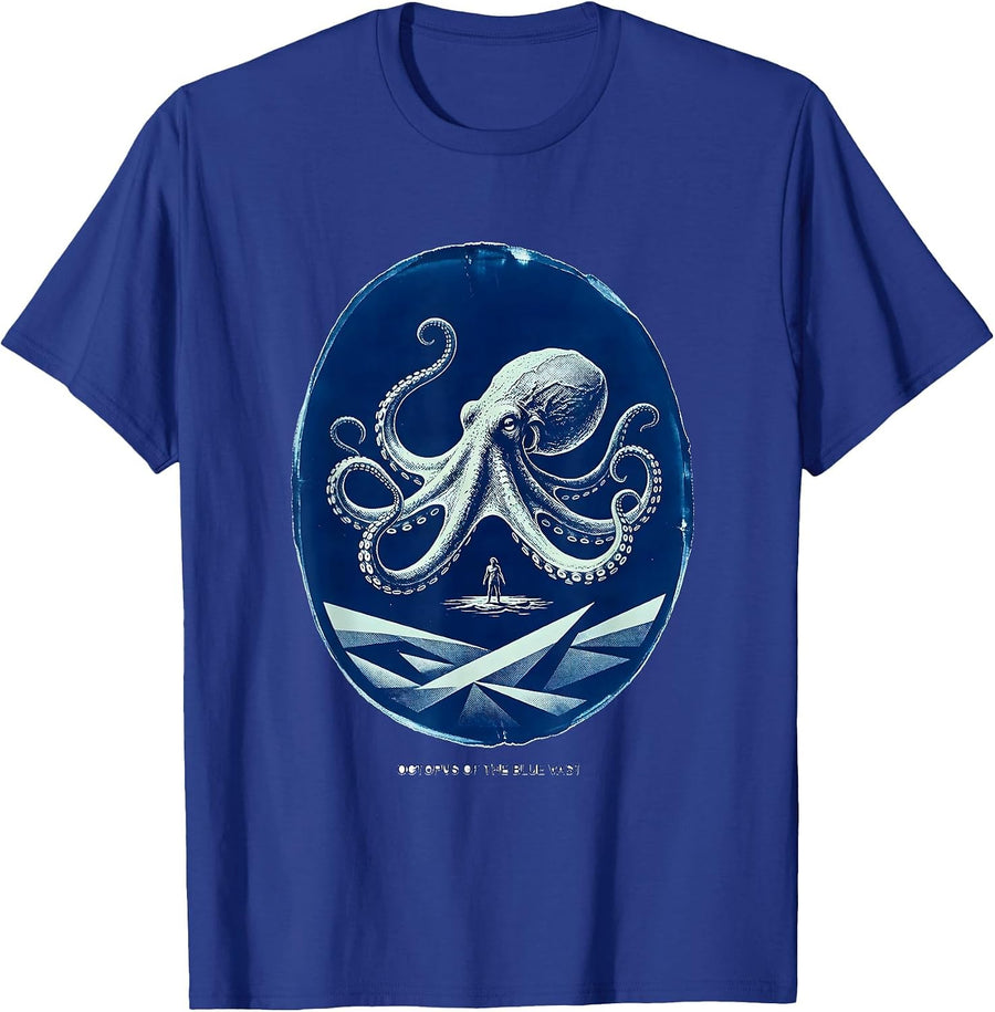 Octopus of the Blue Vast Cyanotype Ocean Animal Lover Art T-Shirt - Royal Blue