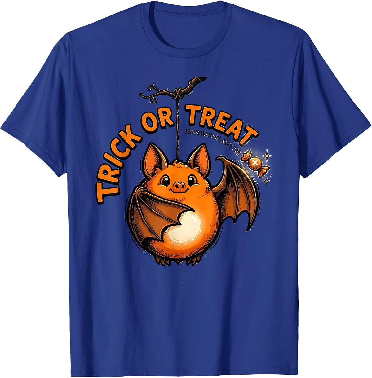 Trick Or Treat Jesus Watches Over You Faith-Over-Fear Humor T-Shirt - Royal Blue