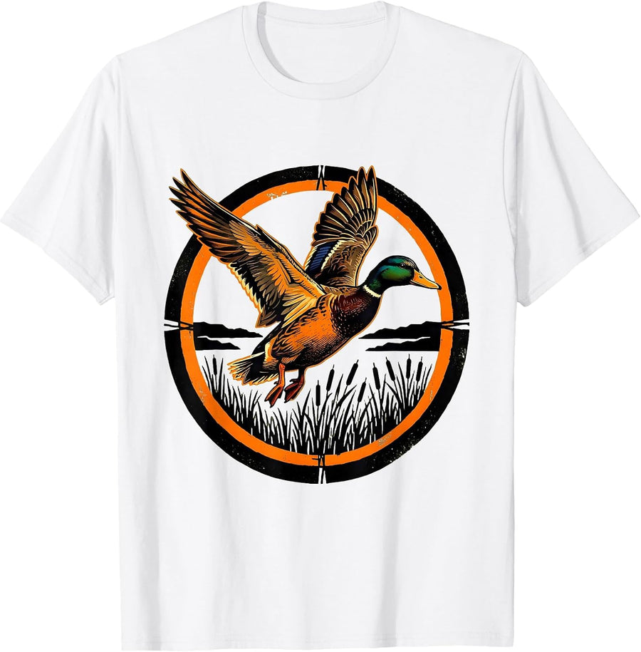 Men's Camo Duck Flying Over Marsh Reeds Illustration T-Shirt - White