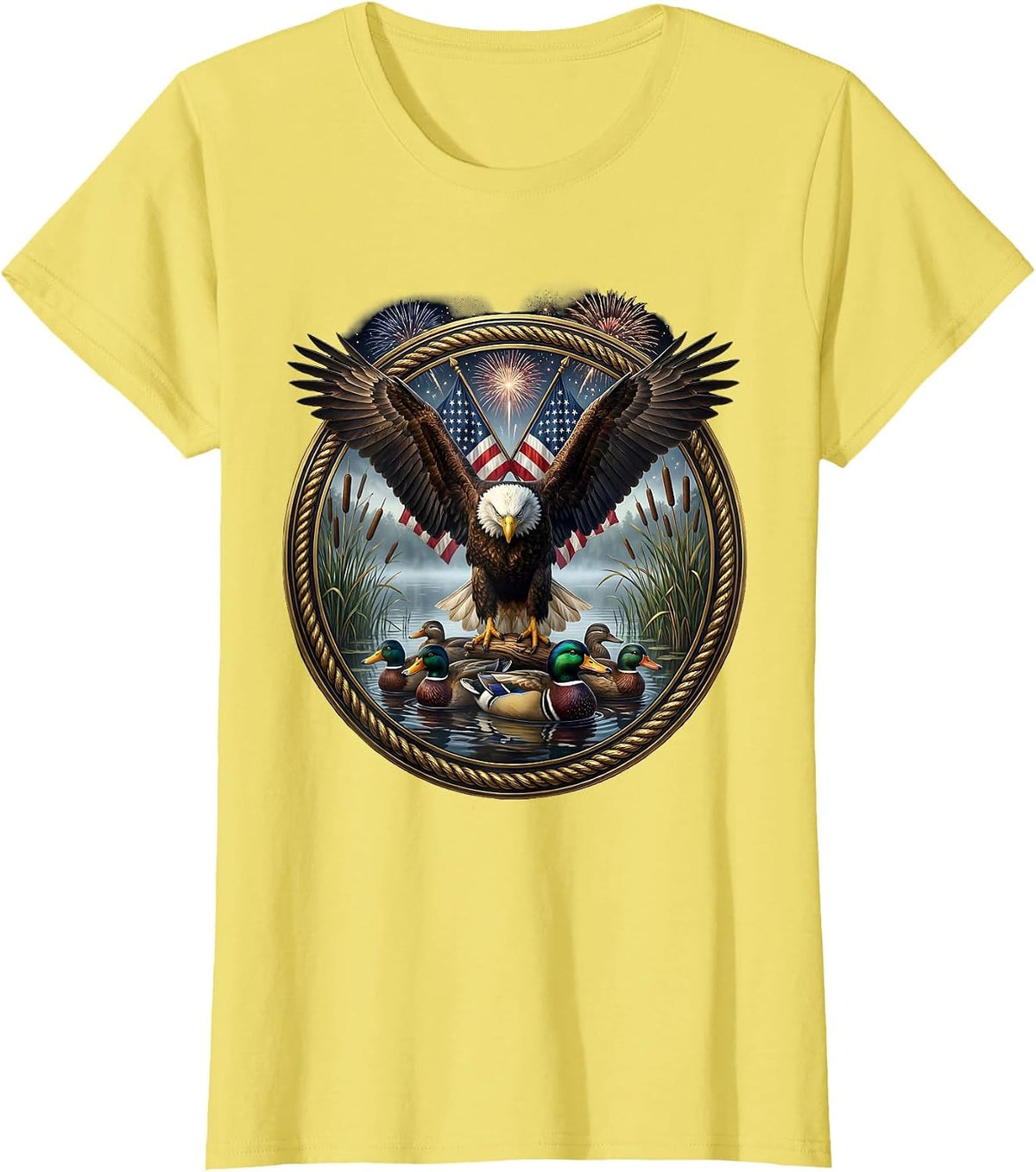 Camo Waterfowl Decoys Foggy Lake Hunting Design T-Shirt - Lemon Yellow