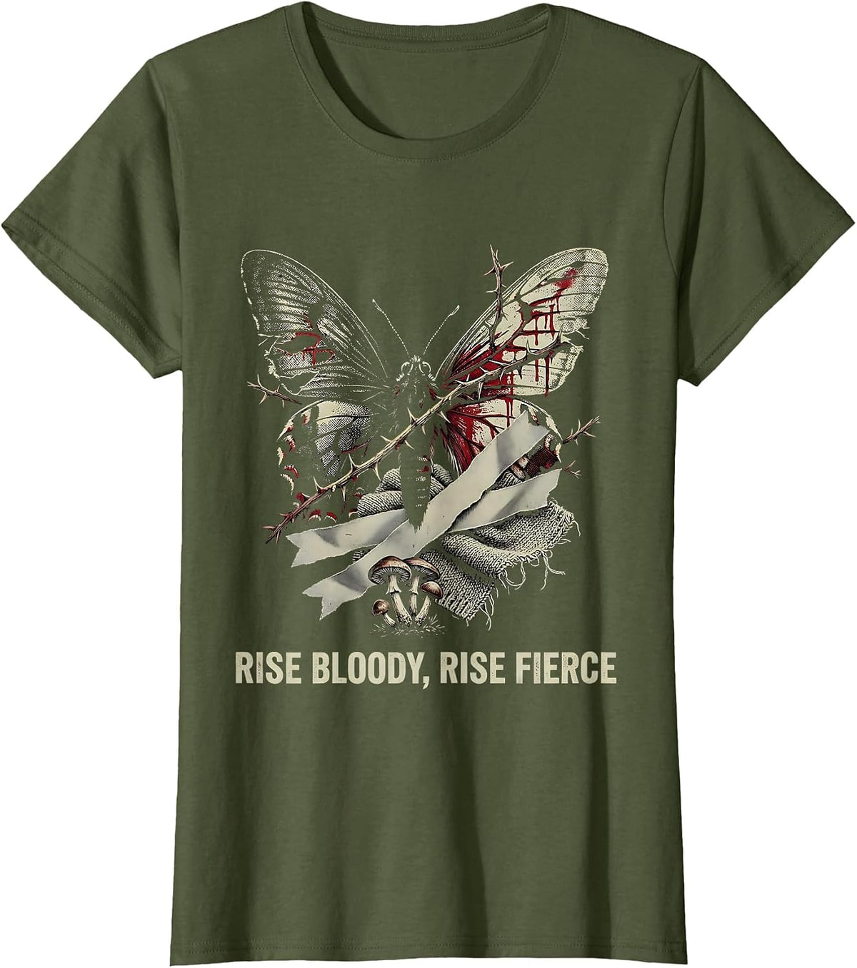Women's Rise Bloody Rise Fierce Bold Dark Warrior Design T-Shirt - Olive Green