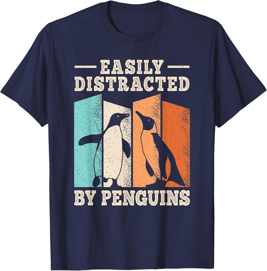 Easily Distracted By Penguins Funny Penguin Men Women Kids T-Shirt - Navy Blue