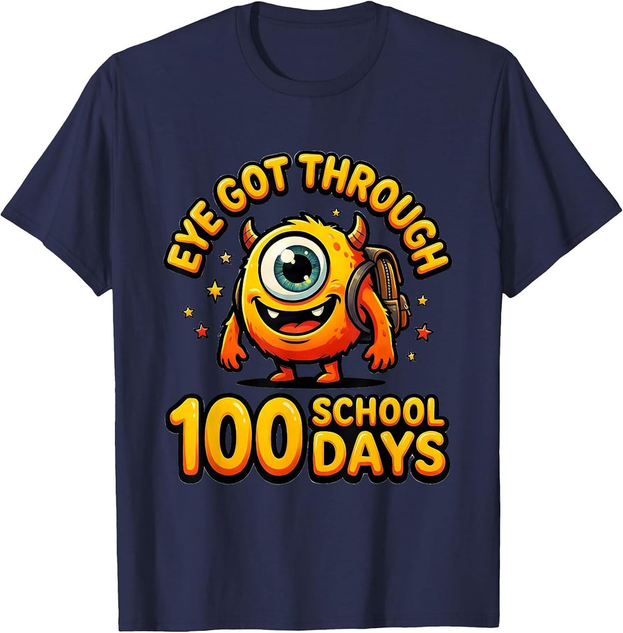 Eye Got Through 100 School Days Cartoon 100th Day Kids T-Shirt - Navy Blue