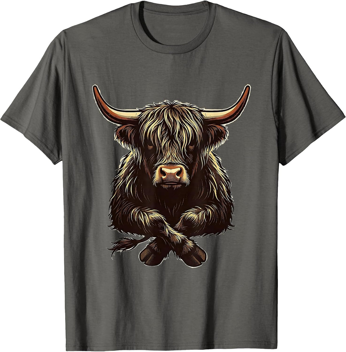 Men's Highland Cow Compact Character Funny Farm Animal Lover T-Shirt - Asphalt Grey