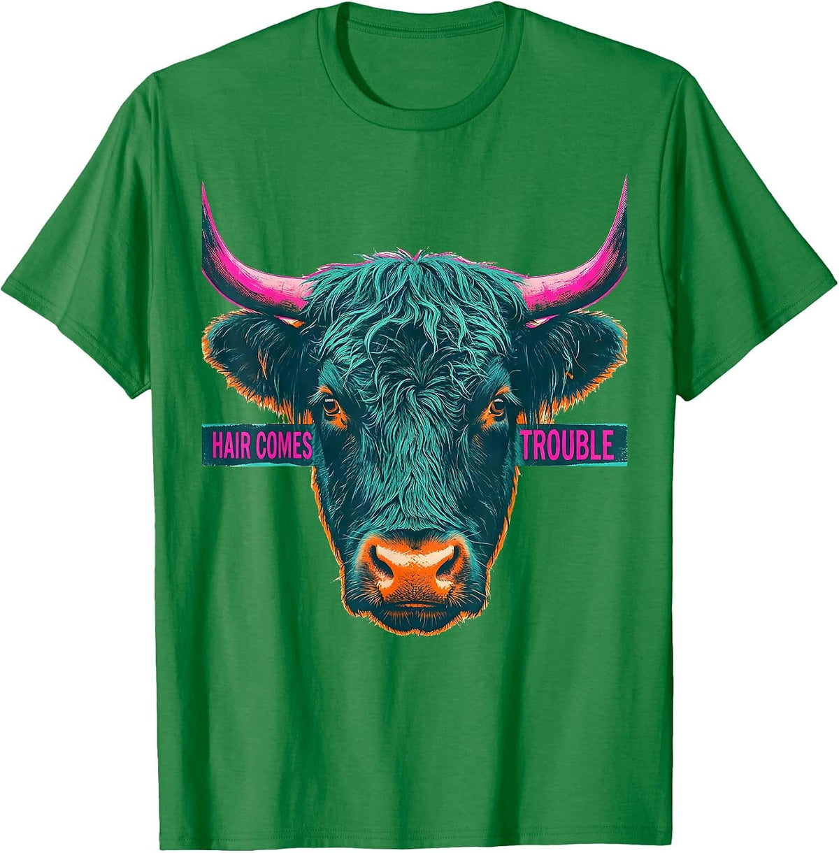 Men's Hair Comes Trouble Funny Highland Cow Humor Scottish Cow T-Shirt - Kelly Green