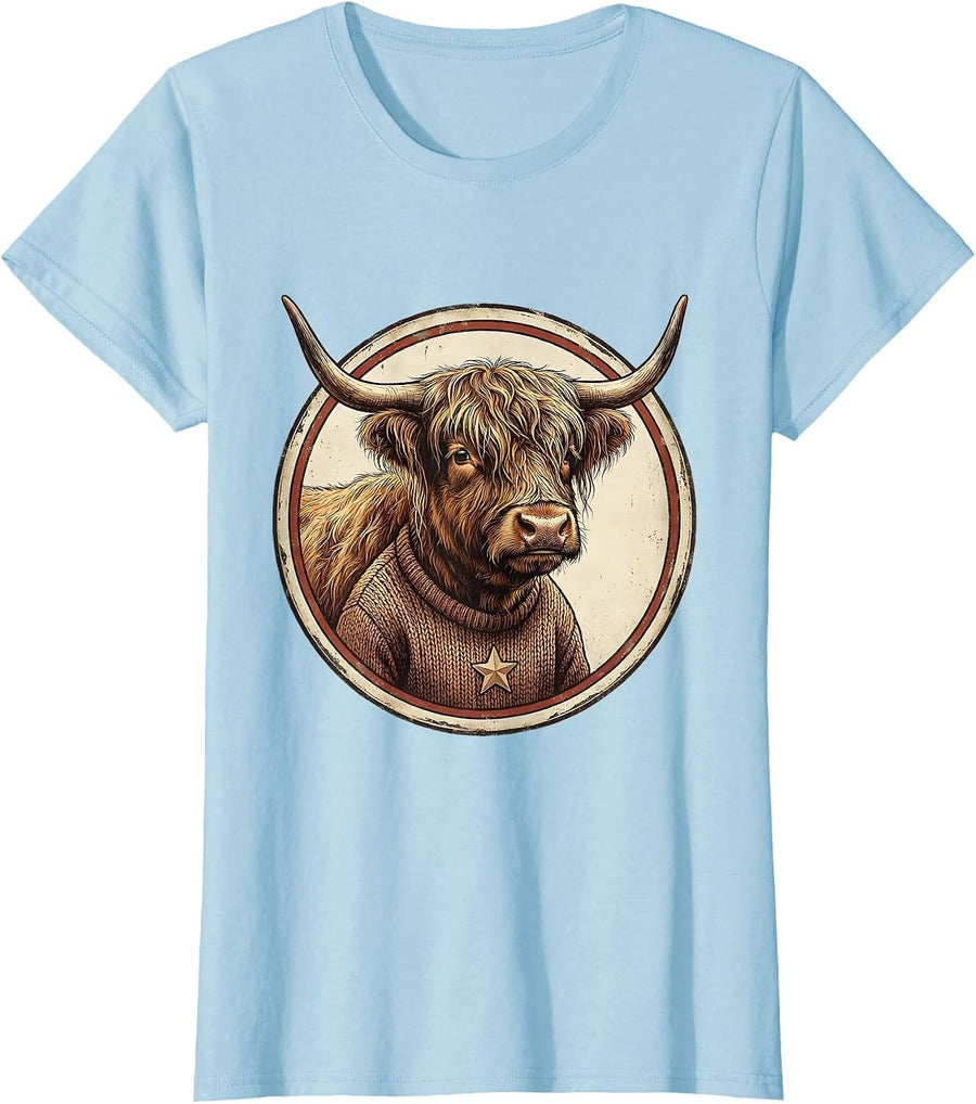 Women's Sealed Highland Cow Vintage Farm Humor Christmas T-Shirt - Baby Blue
