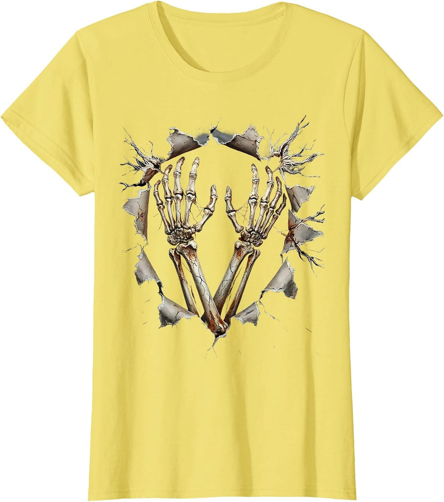 Women's Skeleton Hands Breaking Through Torn Fabric T-Shirt - Lemon Yellow