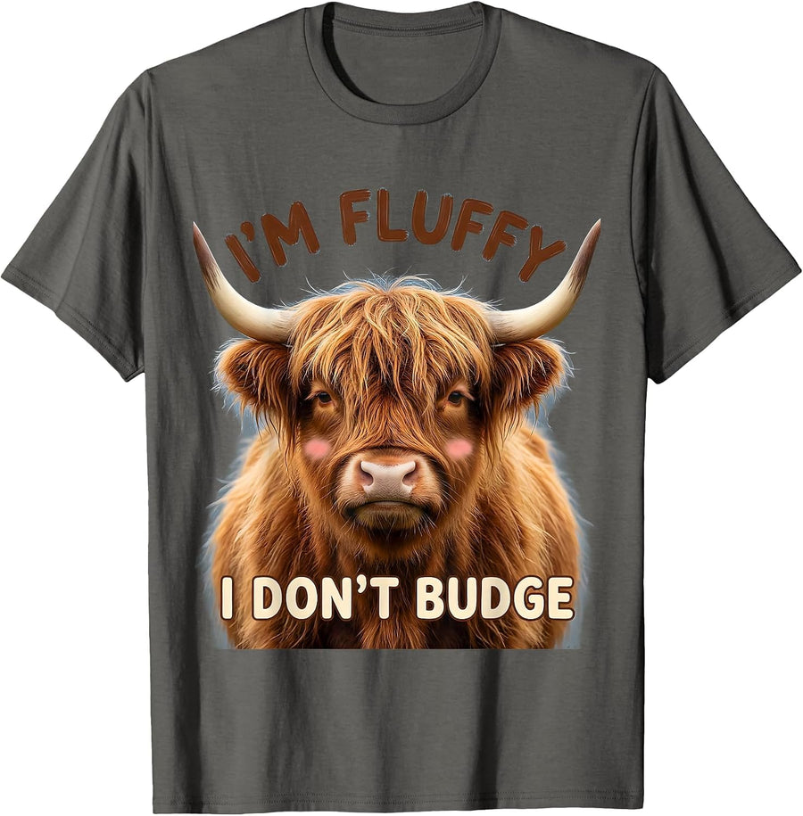 I'm Fluffy I Don't Budge Cute Highland Cow Kawaii Funny T-Shirt - Asphalt Grey