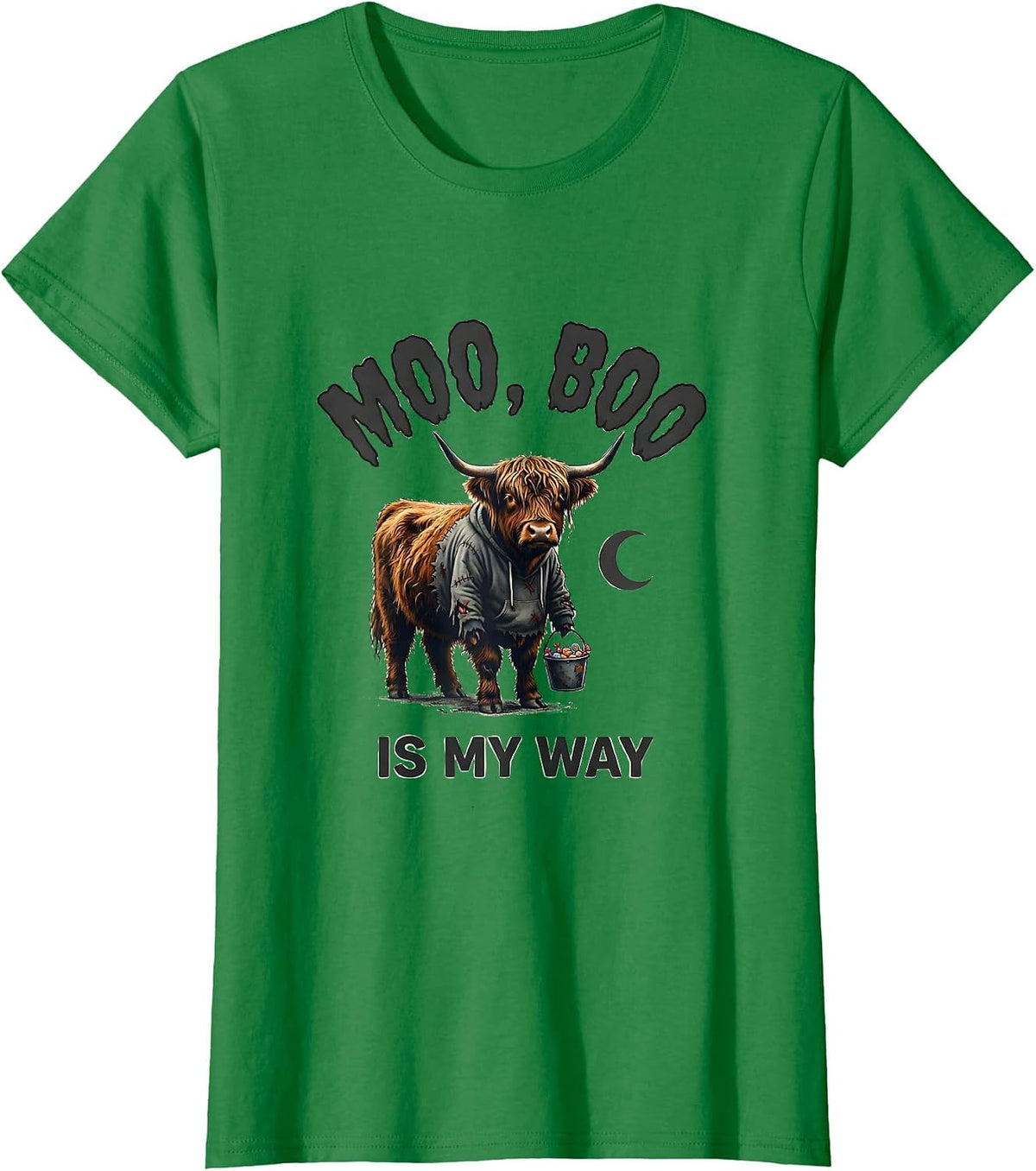 Women's Moo Boo Is My Way Funny Highland Cow Halloween Costume Humor T-Shirt - Kelly Green