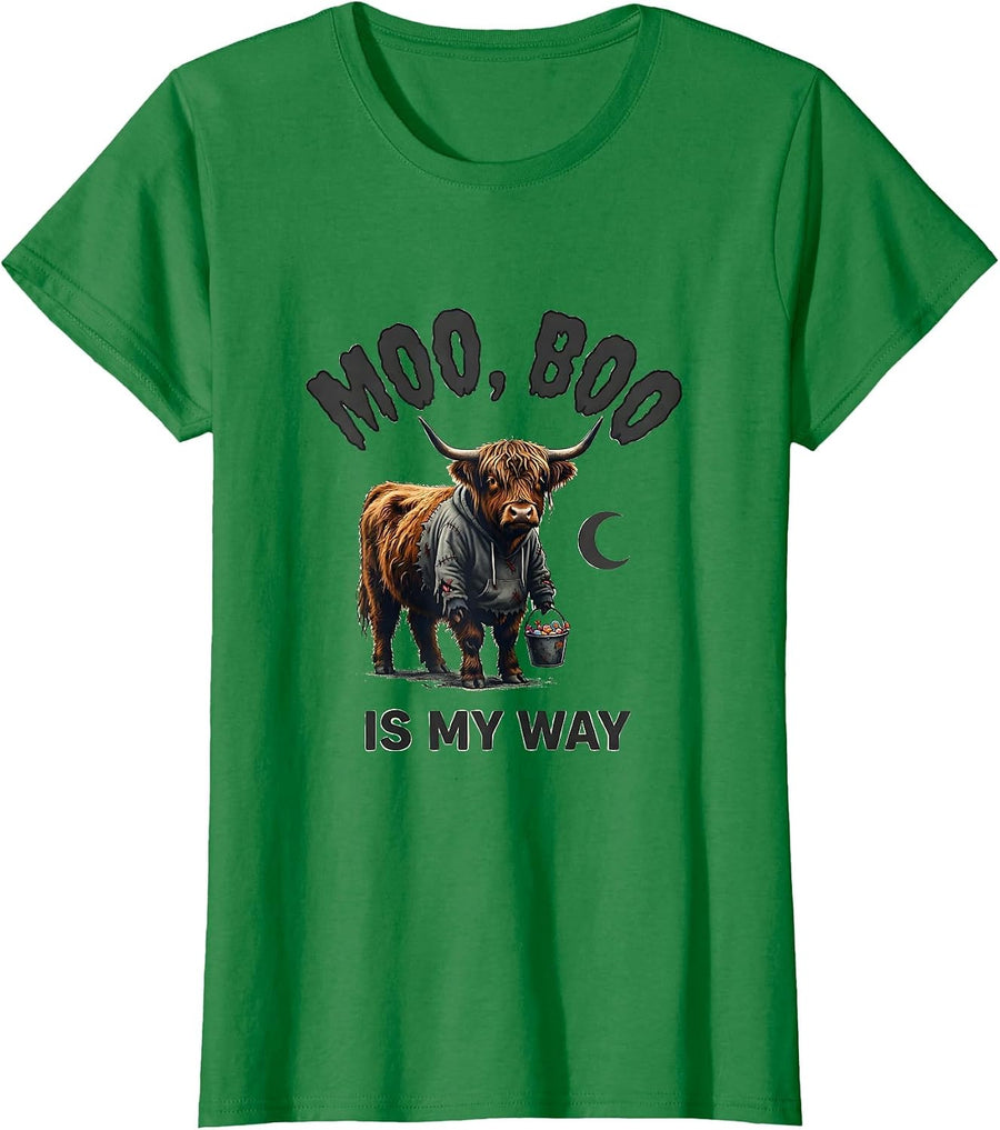 Women's Moo Boo Is My Way Funny Highland Cow Halloween Costume Humor T-Shirt - Kelly Green