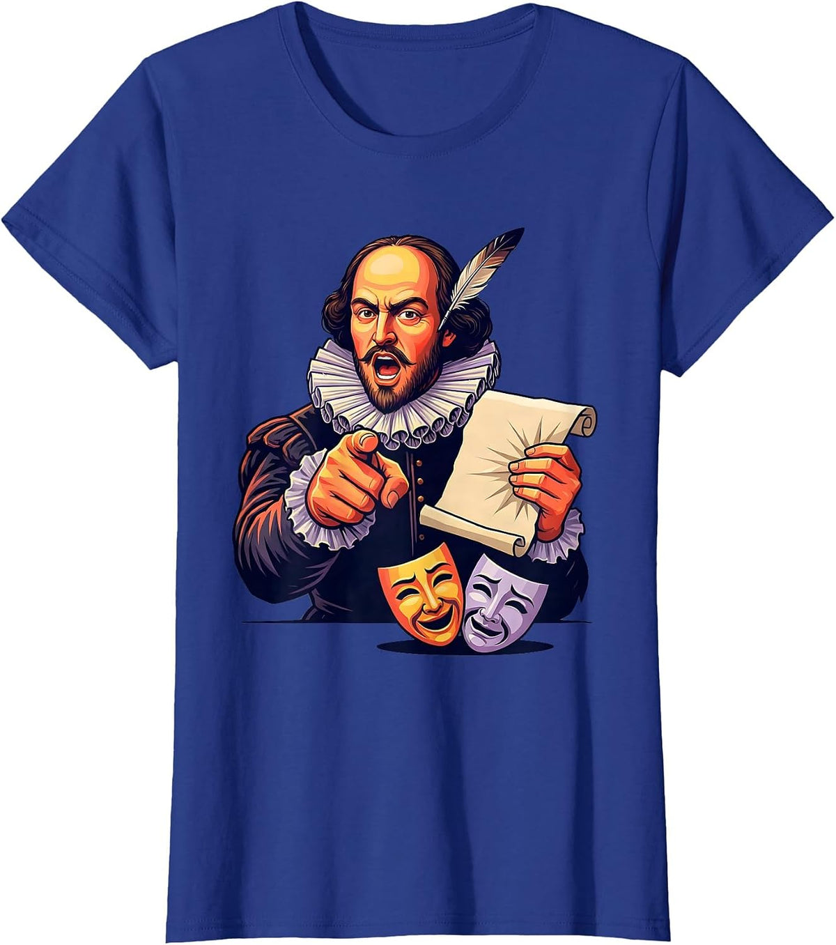 Women's Shakespeare Tragedy Comedy Mask Flat Vector Theater Humor T-Shirt - Royal Blue