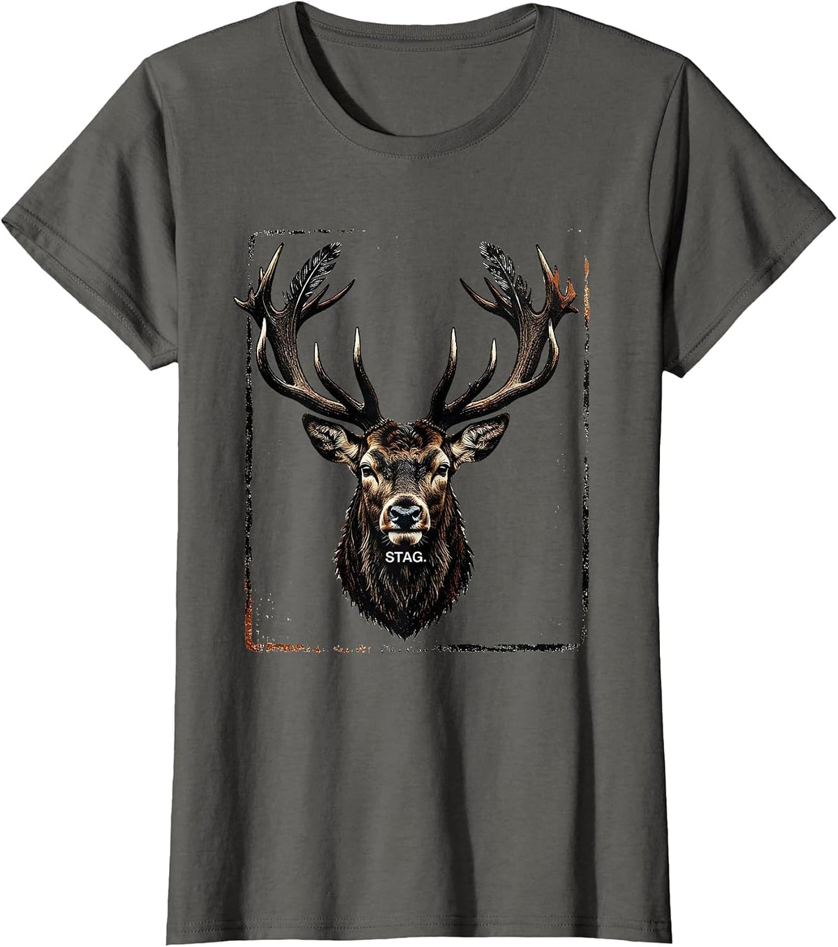 Women's Stag Rubber Stamp Graphic Tee Unisex Casual T-Shirt - Asphalt Grey