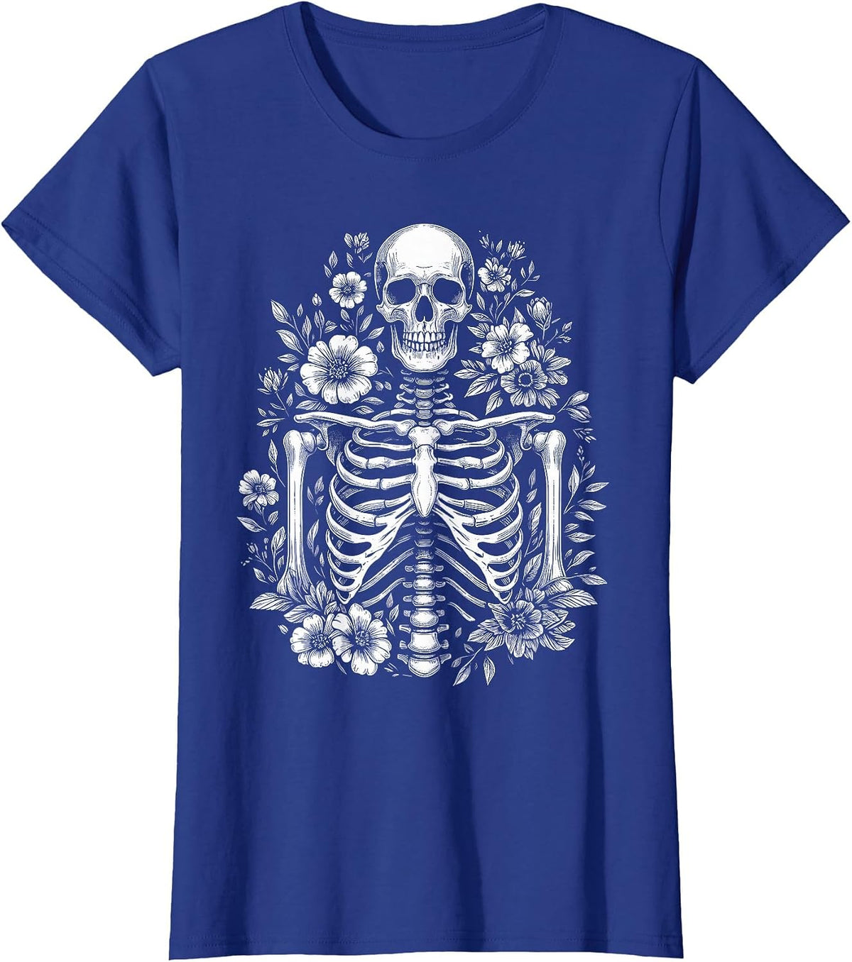 Floral Skeleton Flowers Goth Aesthetic T-Shirt - Royal Blue