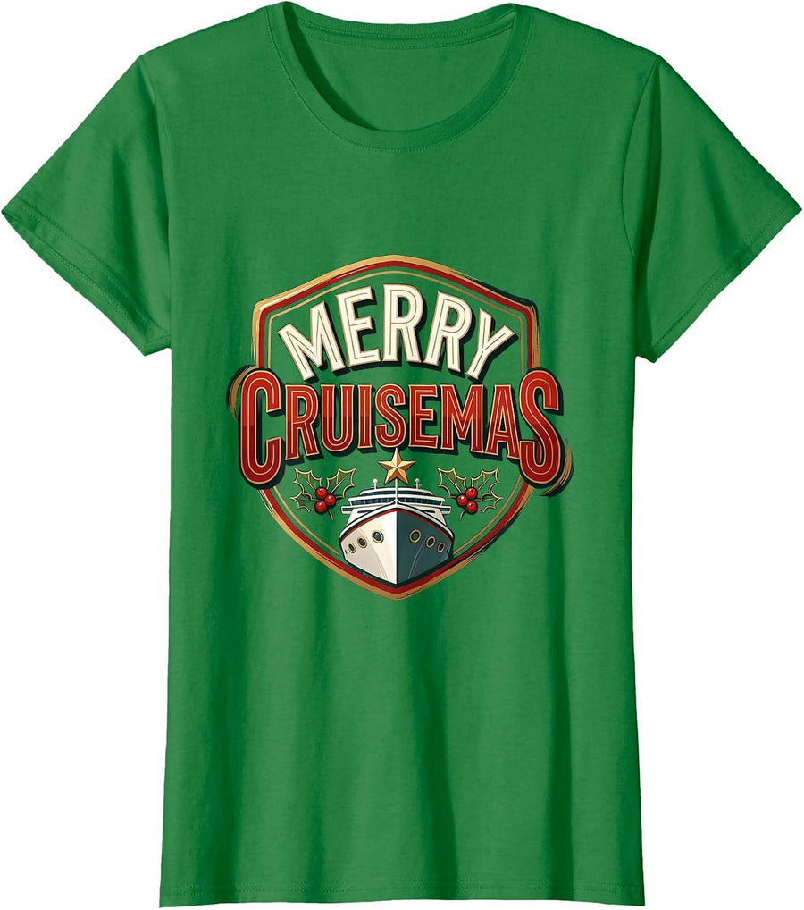 Women's Merry Cruisemas Sign Painter Cruise Vacation Family Humor T-Shirt - Kelly Green
