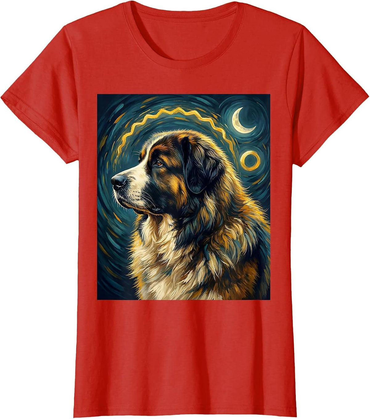 Women's Great Pyrenees Van Gogh Starry Night Dog Breed Portrait T-Shirt - Red