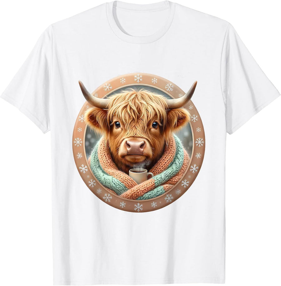 Men's Cute Kawaii Highland Cow Christmas Cozy Gift T-Shirt - White
