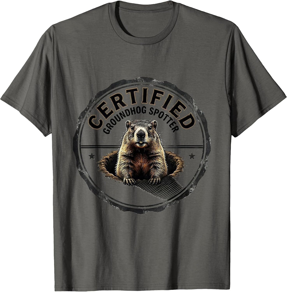 Certified Groundhog Spotter Vintage Emblem Humor Groundhog T-Shirt - Asphalt Grey