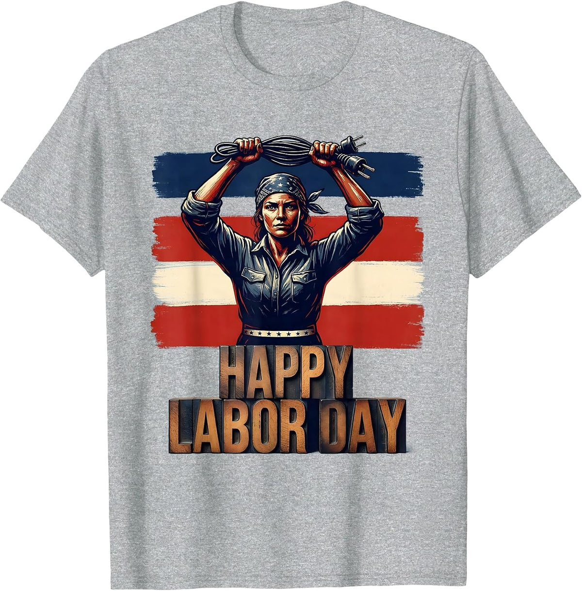 Men's Happy Labor Day Patriotic Woman Electrician Wood Type T-Shirt - Heather Grey