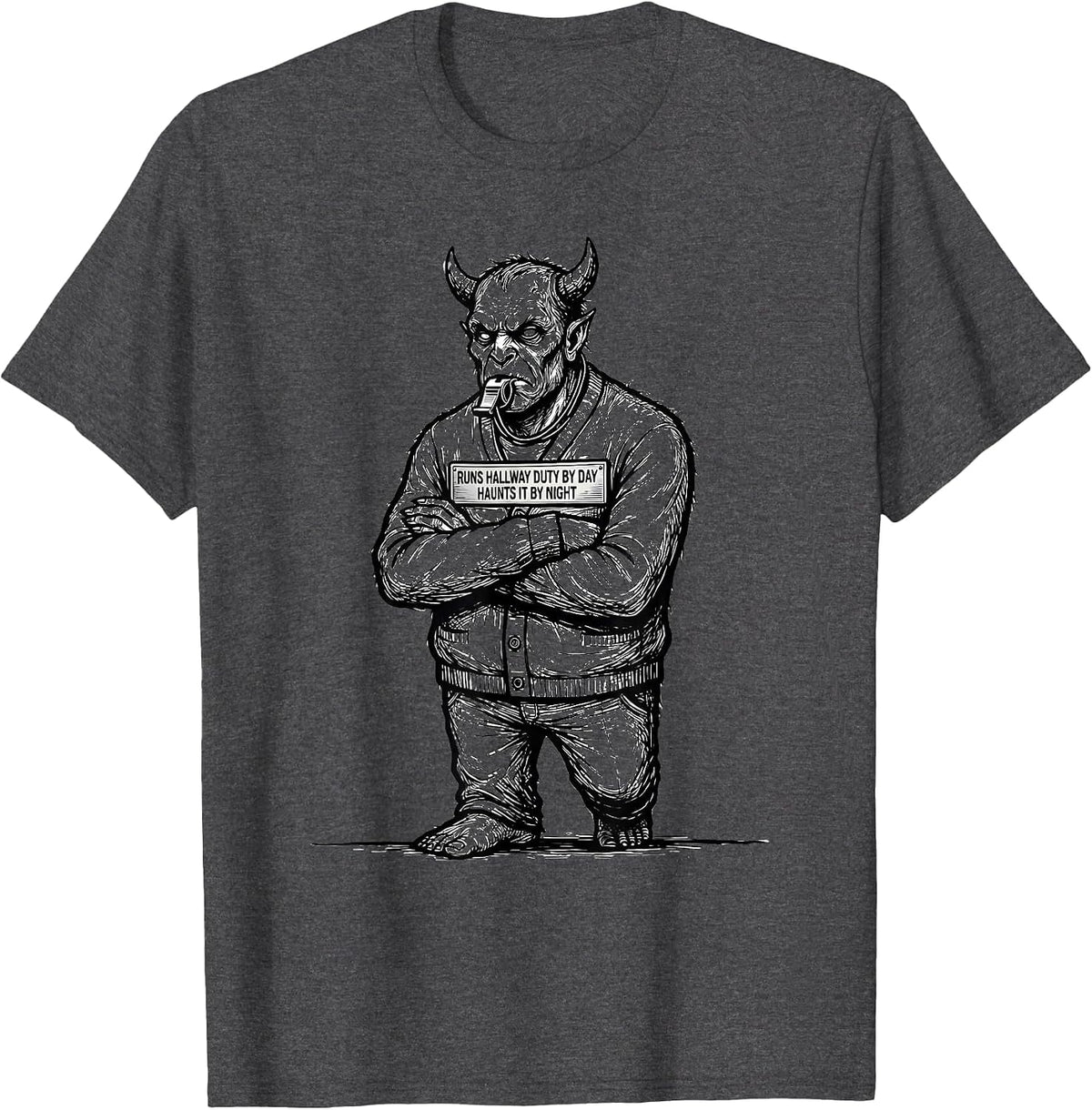 Runs Hallway Duty By Day, Haunts It By Night Monster Teacher T-Shirt - Dark Heather Grey