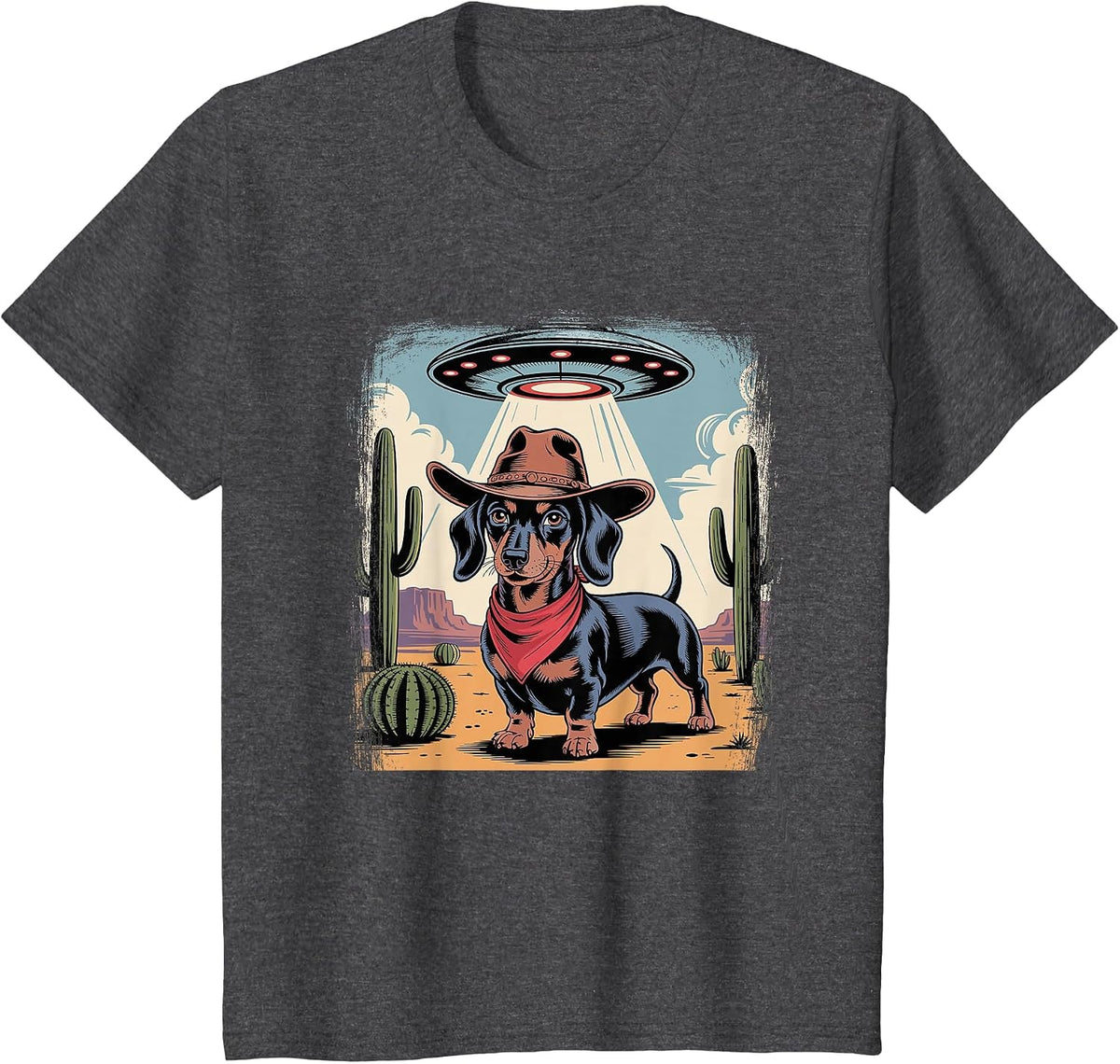 Alien Cowboy Dachshund Funny Wiener Dog UFO T-Shirt - Dark Heather Grey