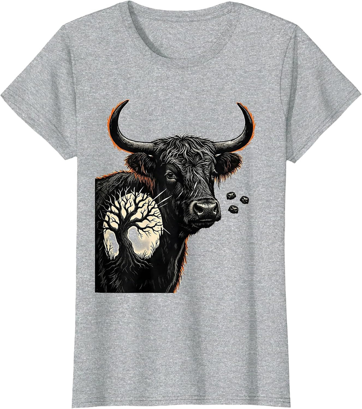 Shaggy Highland Cow Linocut Spooky Halloween Humor T-Shirt - Heather Grey