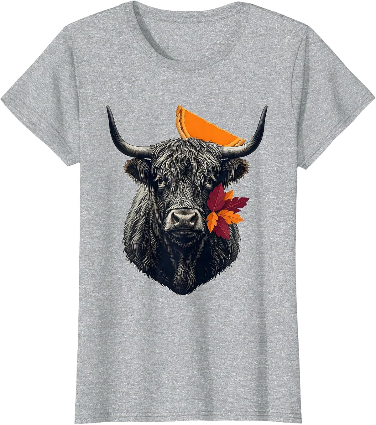 Women's Shaggy Highland Cow Pumpkin Halloween Fall Humor T-Shirt - Heather Grey