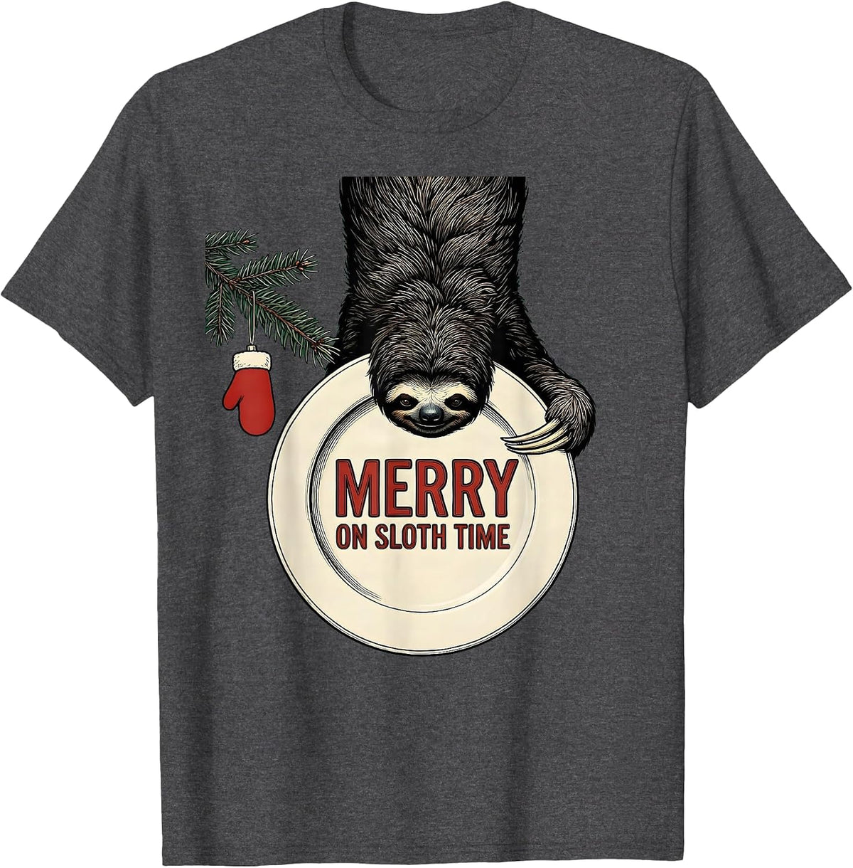 Men's Merry On Sloth Time Funny Sloth Lover Christmas Ugly Sweater T-Shirt - Dark Heather Grey