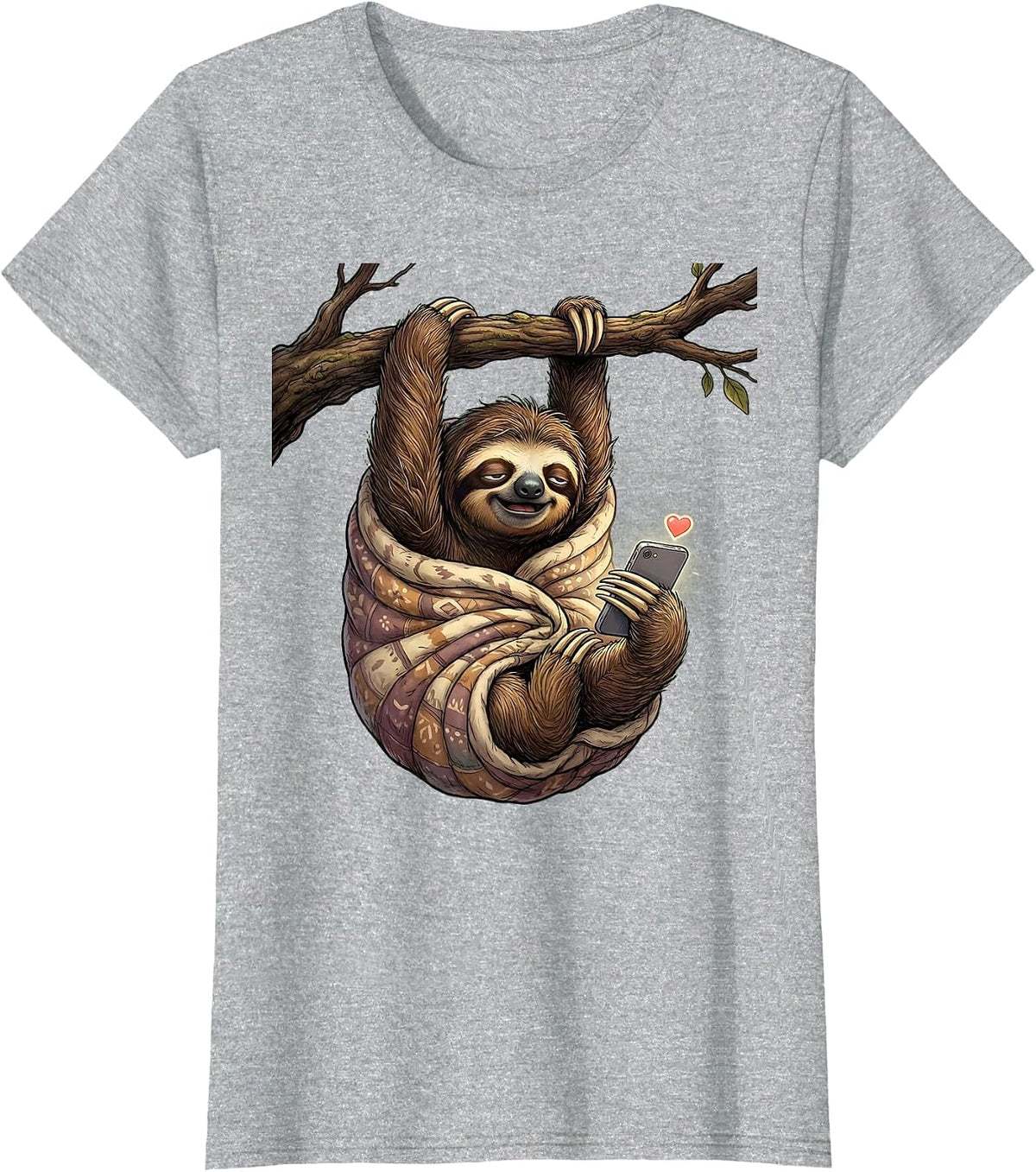 Women's Sleepy Sloth Cozy Blanket Phone Funny Graphic T-Shirt - Heather Grey