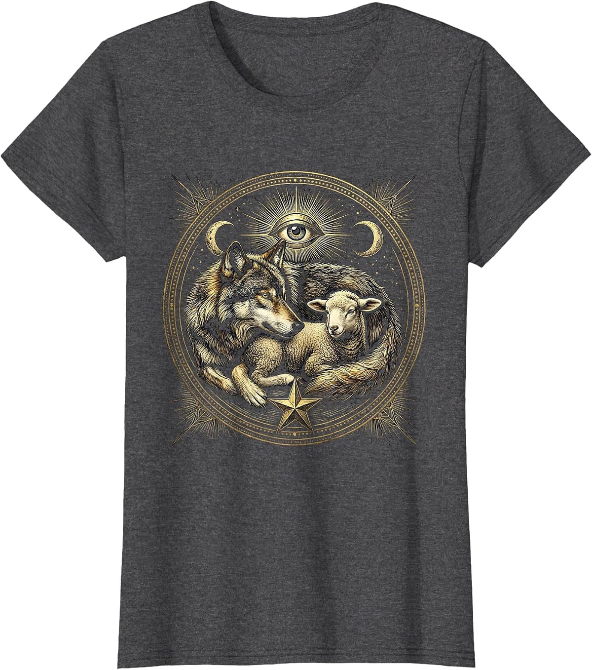 Women's Wolf and Lamb Resting Together Faith Over Fear T-Shirt - Dark Heather Grey