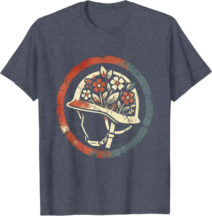 Red White Blue Soldier Helmet Wildflowers Graphic T-Shirt - Heather Blue