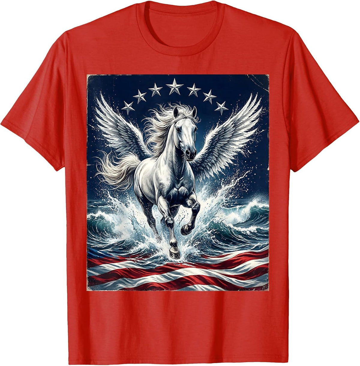 Men's White Horse Galloping Through Crashing Waves T-Shirt - Red