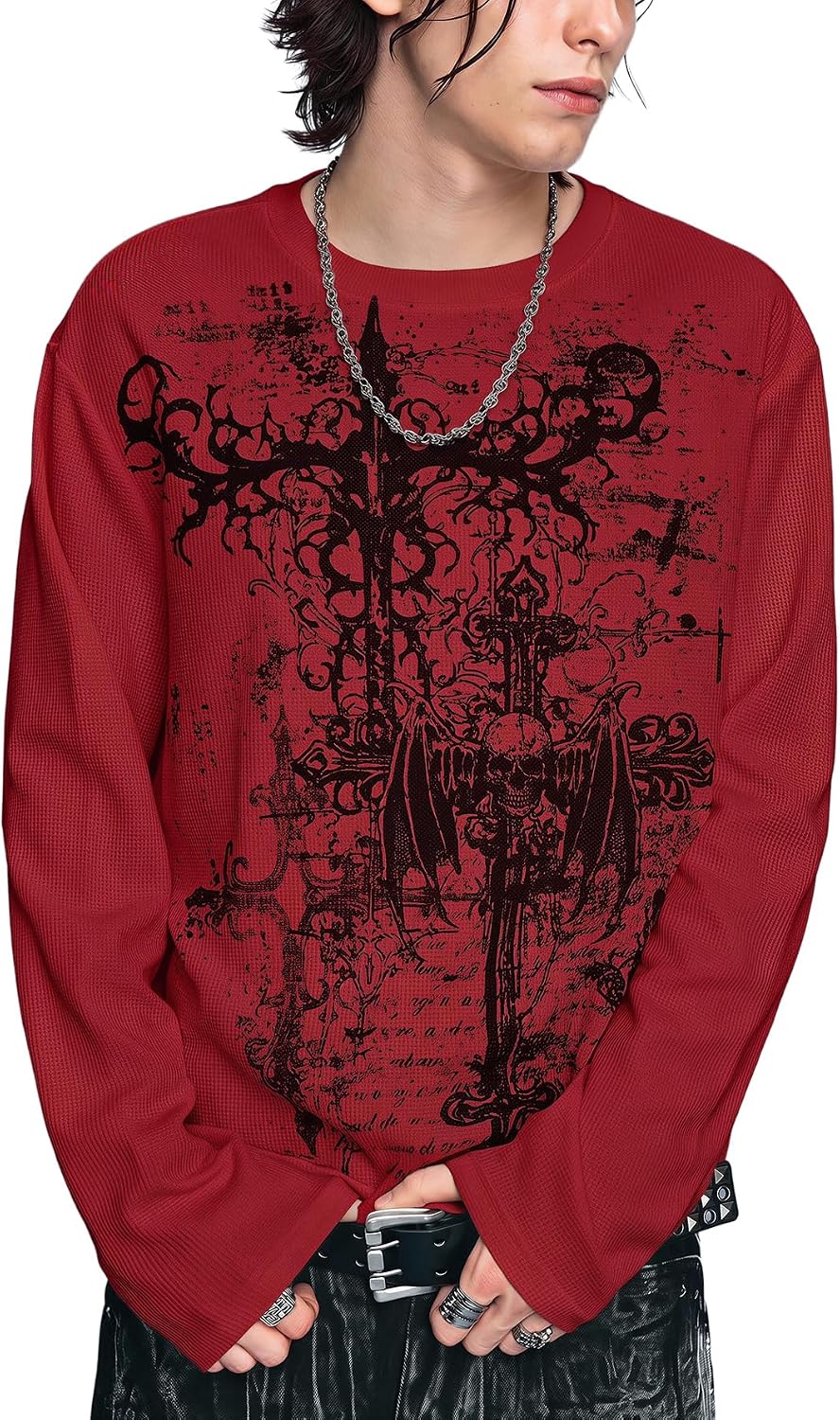 Milumia Men's Sweatshirt Y2K Gothic Graphic Long Sleeve Pullover Shirt - Red