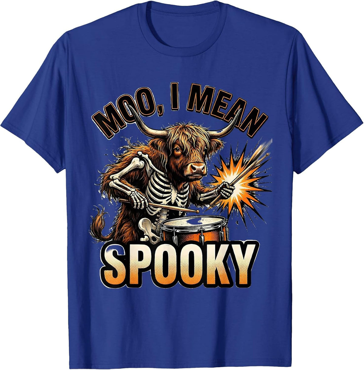 Men's Moo I Mean Spooky Comic Book Highland Cow Halloween Costume T-Shirt - Royal Blue