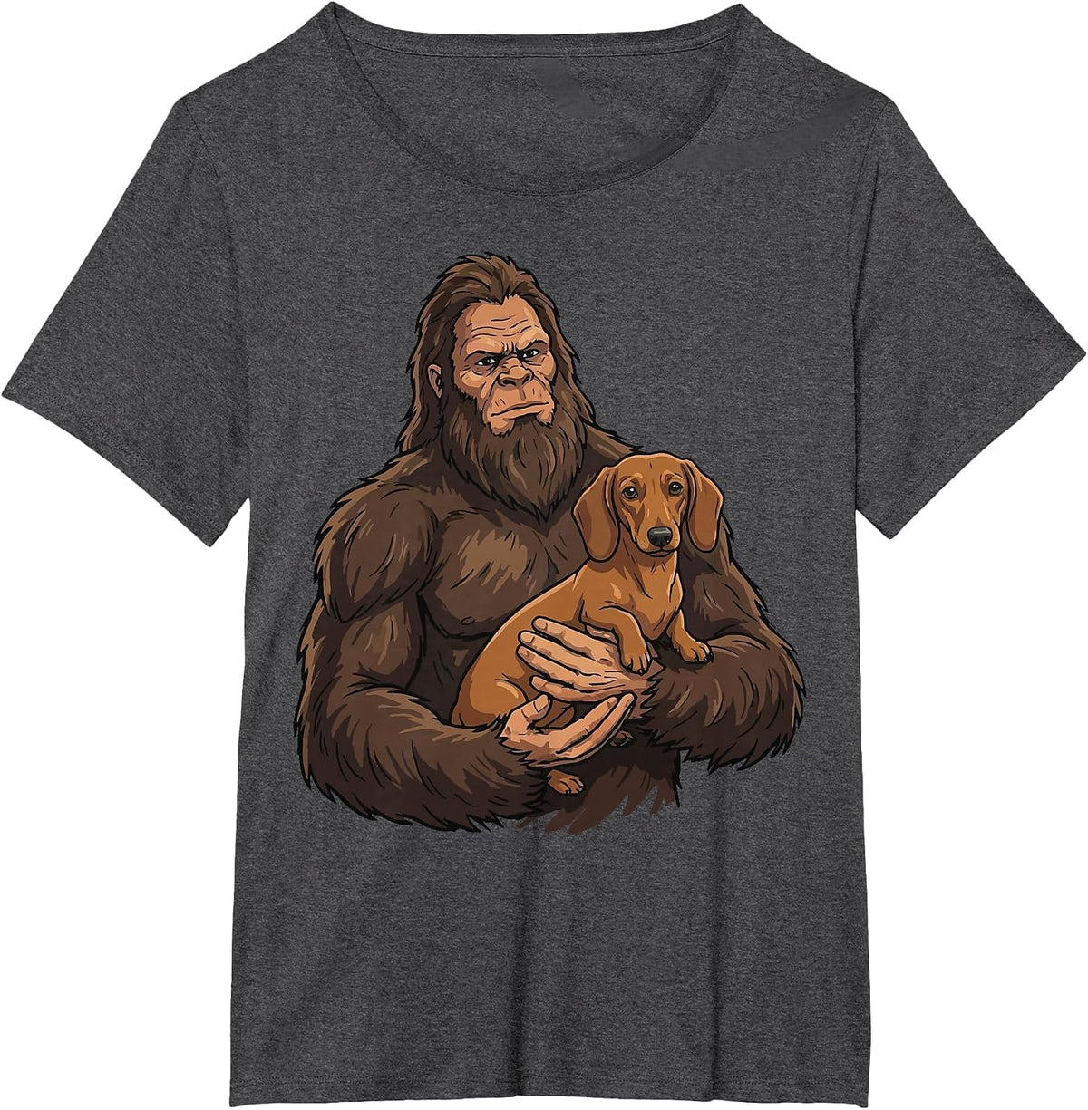 Bigfoot Holding Dachshund T-Shirt - Dark Heather Grey