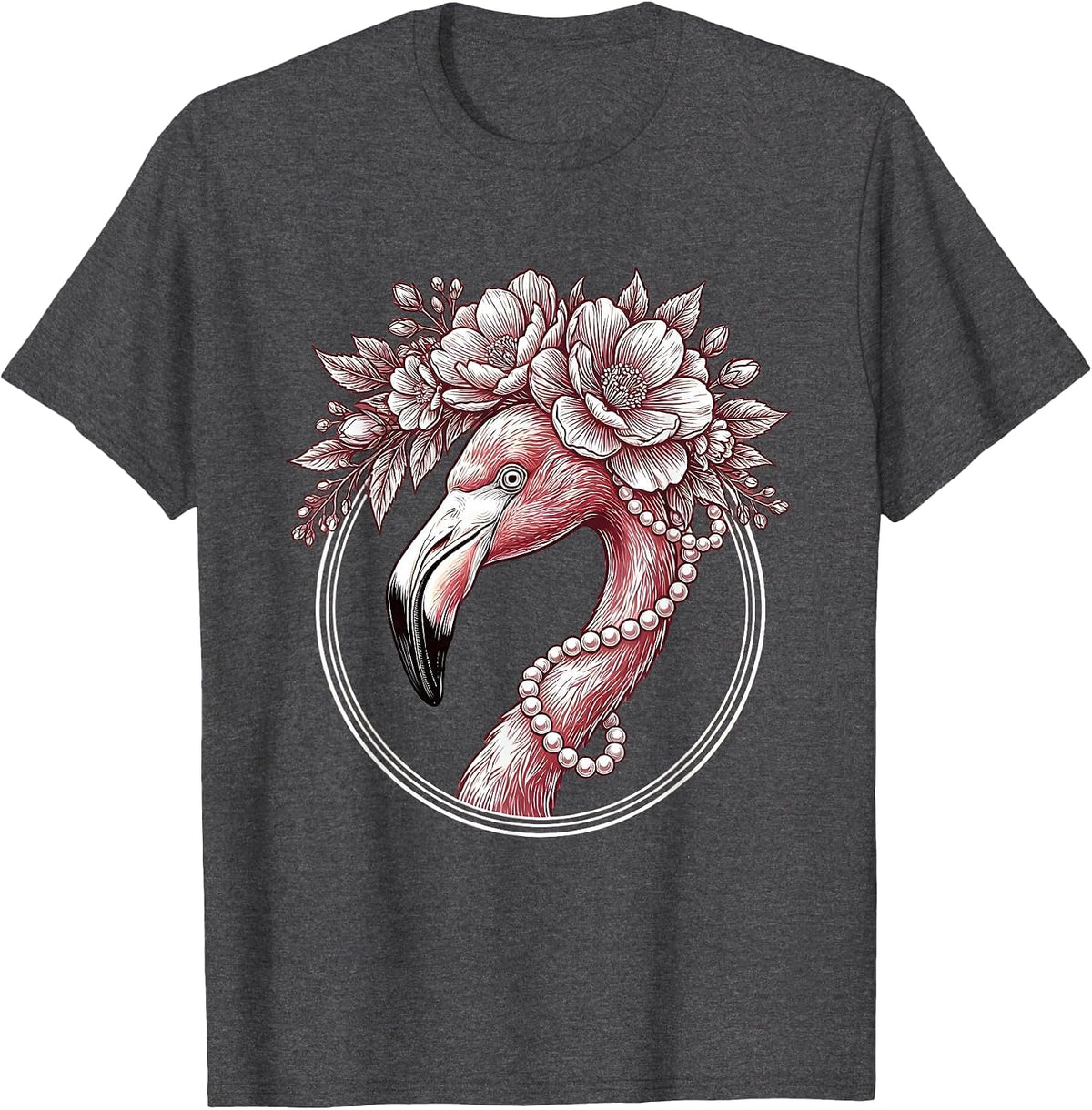 Men's Flamingo Floral Crown and Pearls Illustration T-Shirt - Dark Heather Grey