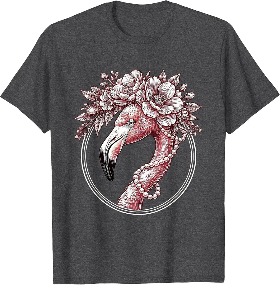 Men's Flamingo Floral Crown and Pearls Illustration T-Shirt - Dark Heather Grey