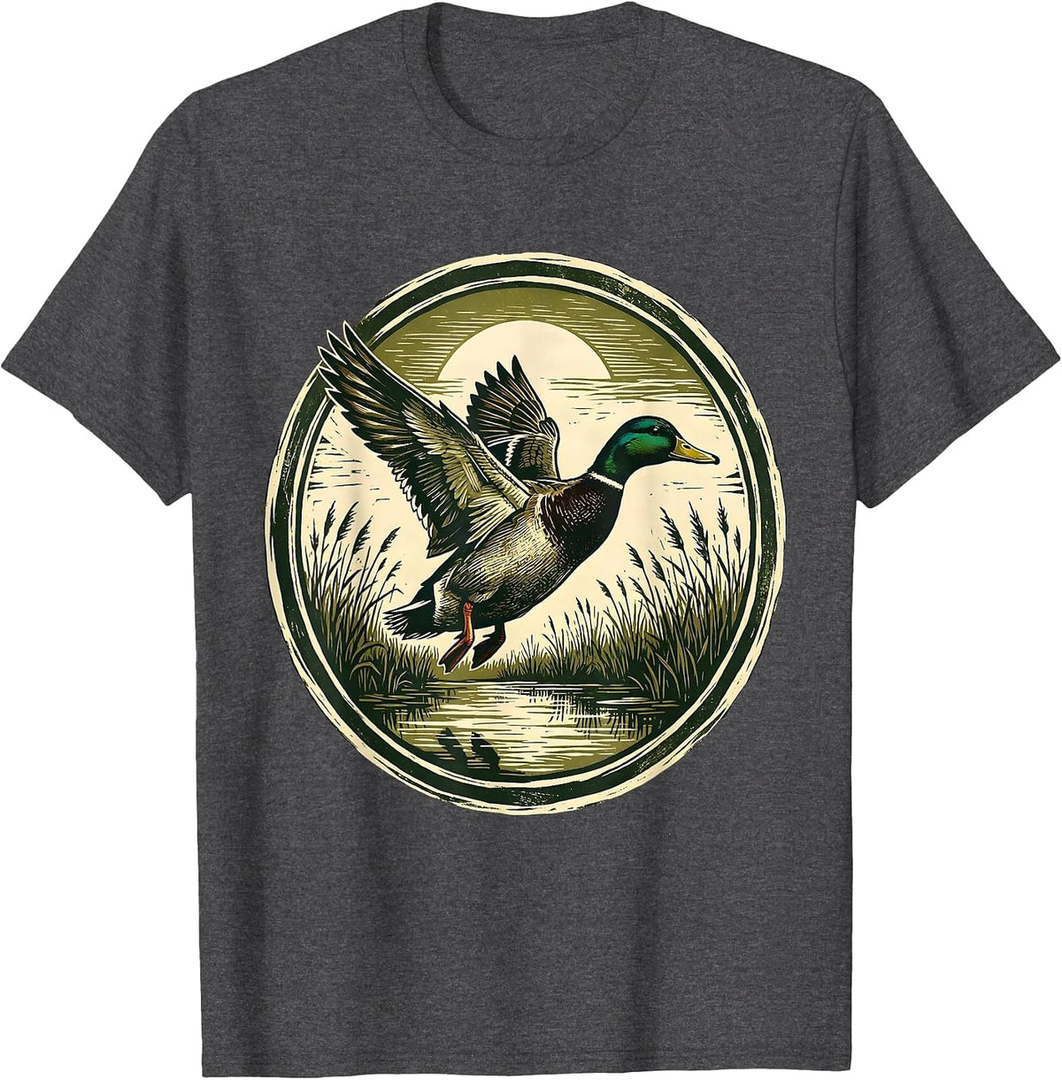 Camo Duck Flying Over Marshland at Dawn T-Shirt - Dark Heather Grey