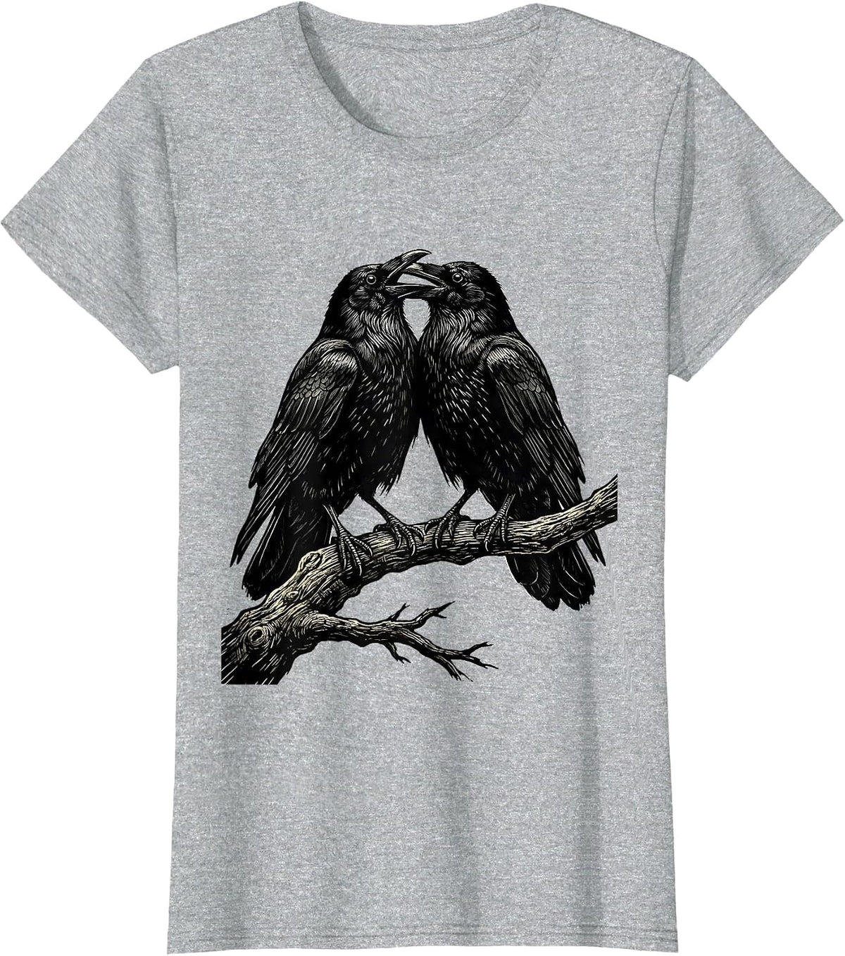 Women's Two Crows Facing Off on a Branch Illustration T-Shirt - Heather Grey